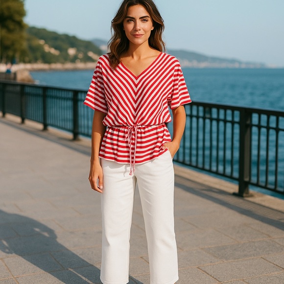 Faded Glory red and white striped elastic drawstring waist top - Picture 1 of 9